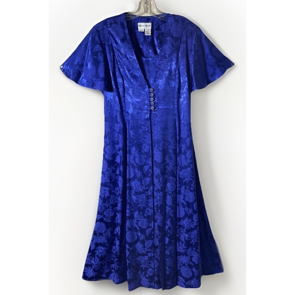 Dressy Betsy Vintage 80's Royal Blue Floral Midi‎ Dress Women's 14 Lace Up Back